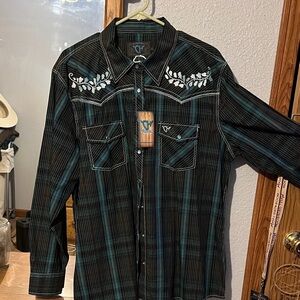 CH Women's Black and Blue Plaid Button Down Shirt